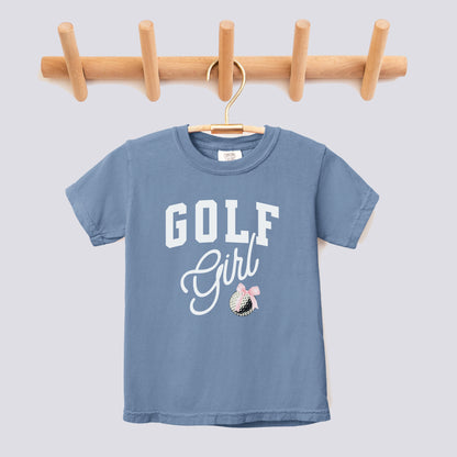 Retro Golf Girl Pink Bow Comfort Colors Youth Tee