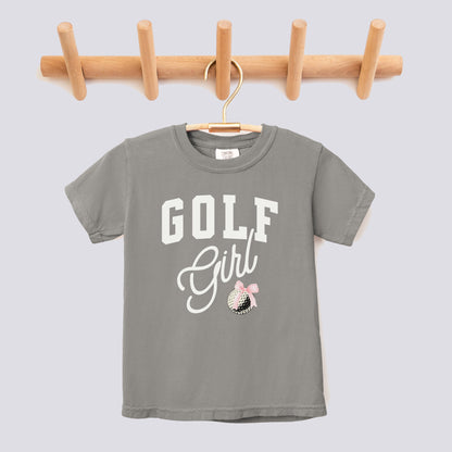 Retro Golf Girl Pink Bow Comfort Colors Youth Tee