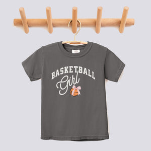 Retro Basketball Girl Pink Bow Comfort Colors Youth Tee