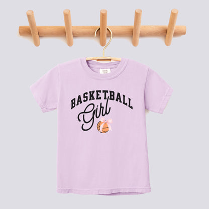 Retro Basketball Girl Pink Bow Comfort Colors Youth Tee