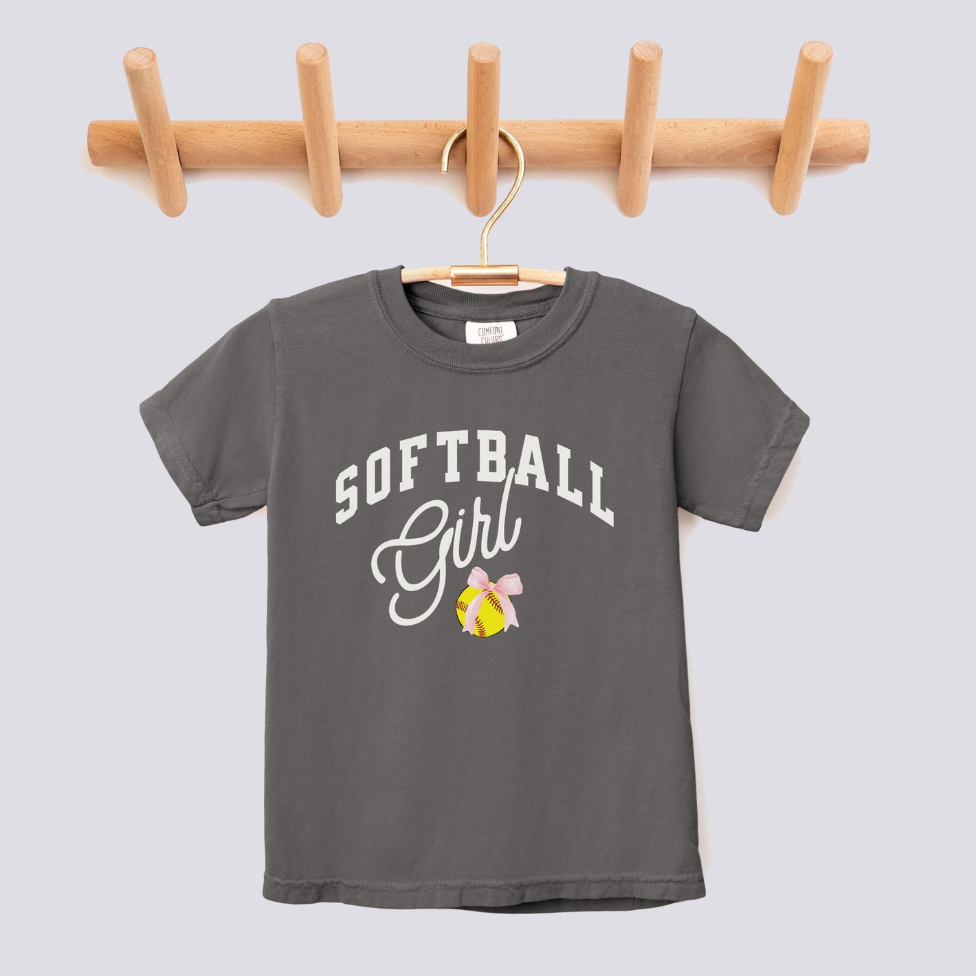 Retro Softball Girl Pink Bow Comfort Colors Youth Tee