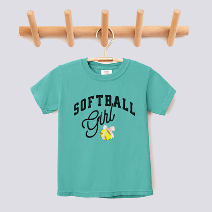 Retro Softball Girl Pink Bow Comfort Colors Youth Tee