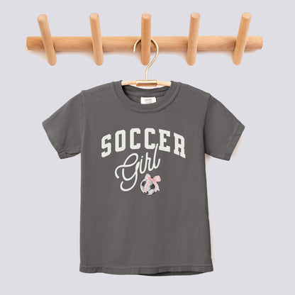 Retro Soccer Girl Pink Bow Comfort Colors Youth Tee