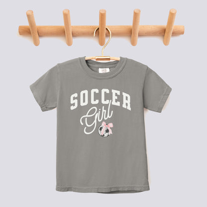 Retro Soccer Girl Pink Bow Comfort Colors Youth Tee