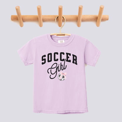 Retro Soccer Girl Pink Bow Comfort Colors Youth Tee