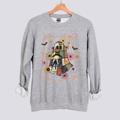 Halloween Patchwork Ghost and Black Cat Sweatshirt