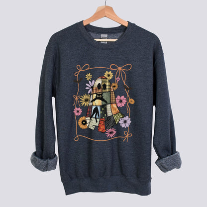 Halloween Patchwork Ghost and Black Cat Sweatshirt