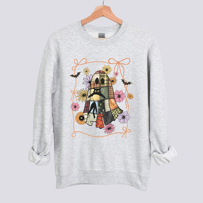 Halloween Patchwork Ghost and Black Cat Sweatshirt