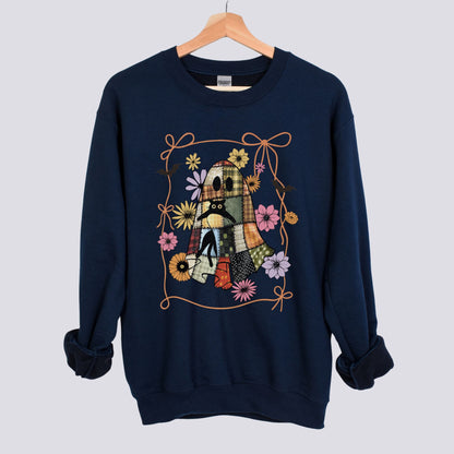 Halloween Patchwork Ghost and Black Cat Sweatshirt