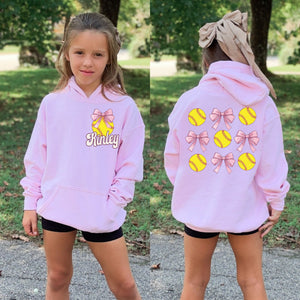 Personalized Pink Bow Softball Youth Hoodie